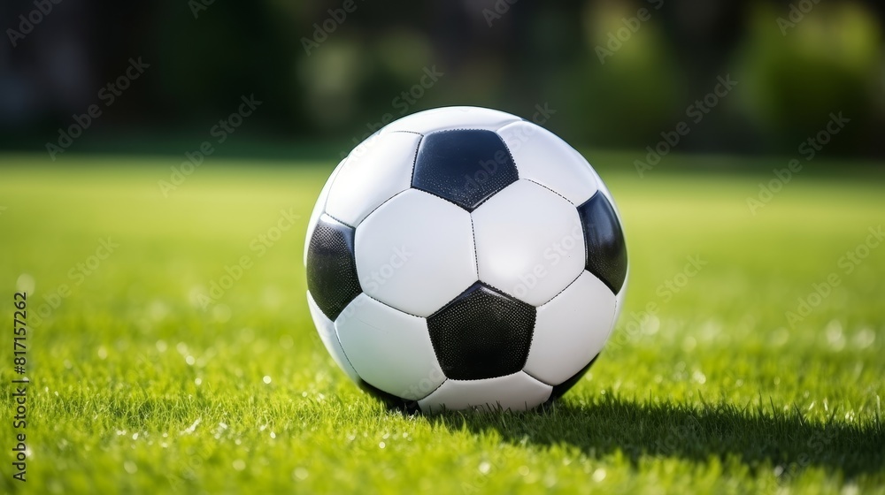 Classic black and white soccer ball on green grass. Active lifestyle. Classic black and white soccer ball on green grass. Active lifestyle.