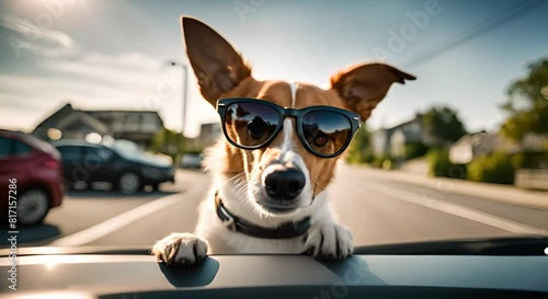 Dog with sunglasses in a car. photo