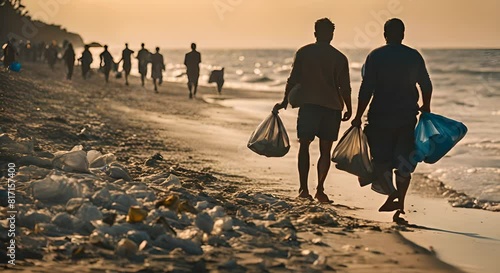 Volunteers collecting trash from the beach. photo