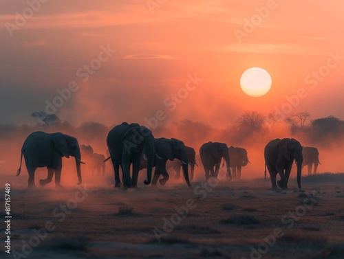 group of elepants drinking from a small watering hole, trunks extended photo