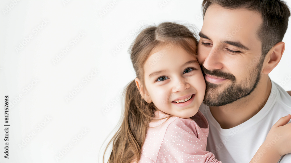 Little cute daughter is hugging her father, father day concept, copy space, happy family time together, white background Little cute daughter is hugging her father, father day concept, copy space, happy family time together, white background