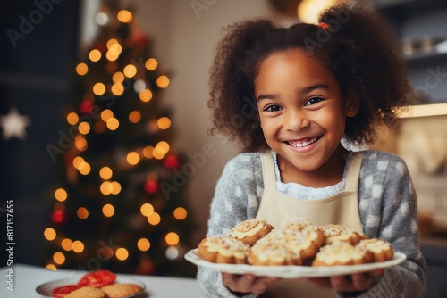 Happy funny little African American girl bake Christmas cookies on cozy kitchen at home. She put cookies on the plate and showing to camera.