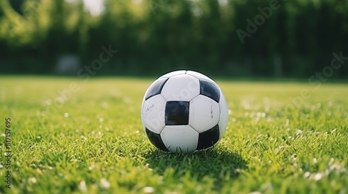  Classic black and white soccer ball on green grass. Active lifestyle.