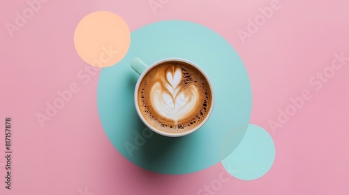 a cup of coffee, top view, on the sides of the photo and an oval bubble to write a text with a pastel background and the background of the color photo, mock up product - 1