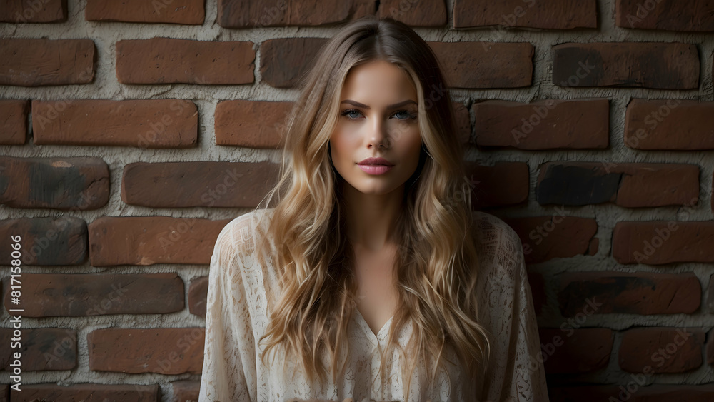 Beautiful woman posing in front of brick wall Beautiful woman posing in front of brick wall