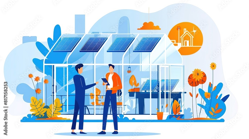 Two men discuss the benefits of solar energy while standing in front of a greenhouse. Two men discuss the benefits of solar energy while standing in front of a greenhouse.