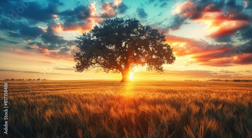 sunset over the field, A single tree stands in the middle of an open field, surrounded by tall grass and wheat fields under a beautiful sunset sky. photo