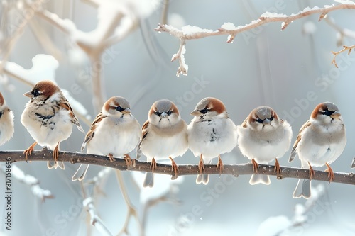  A lot of small funny birds sparrows sitting on a branch on the panoramic picture © Muhammad