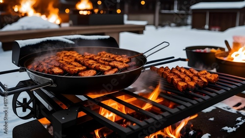 scenic view of Barbeque-cooked food in winter