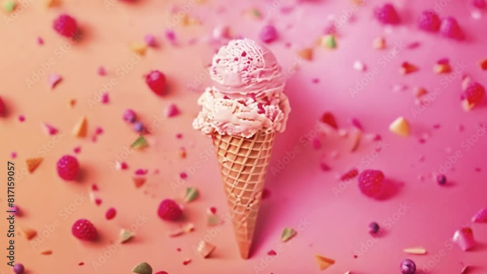 An ice cream cone topped with fresh berries and colorful sprinkles on a vibrant background. An ice cream cone topped with fresh berries and colorful sprinkles on a vibrant background.
