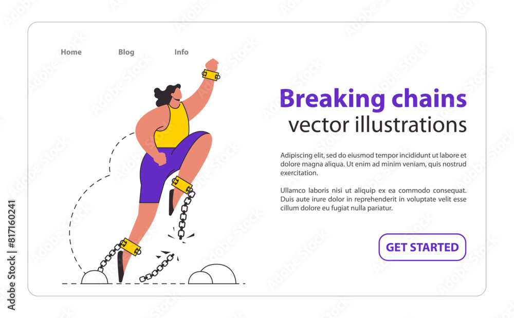 Chains Breakthrough concept A figure triumphantly breaks free from shackles, depicting the power of overcoming obstacles Celebrates liberation and the strength of the human spirit Vector illustration