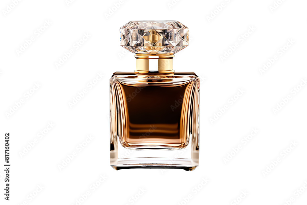 A bottle of perfume with a diamond-shaped cap. The bottle is made of glass and is filled with a golden liquid. A bottle of perfume with a diamond-shaped cap. The bottle is made of glass and is filled with a golden liquid.