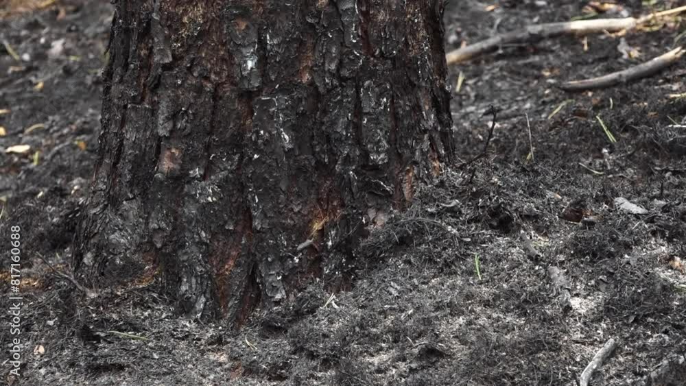 Charred tree trunk surrounded by ash and burnt ground, indicating the aftermath of a forest fire. Charred tree trunk surrounded by ash and burnt ground, indicating the aftermath of a forest fire.