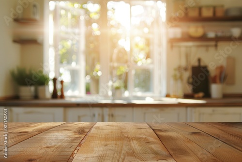 beautiful brown wood table top kitchen interior background and blurred defocused with daylight flare bokeh  product montage display - Generative Ai