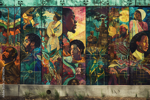 A mural depicting the historical timeline of the Juneteenth holiday, with powerful imagery and symbolic representations. 