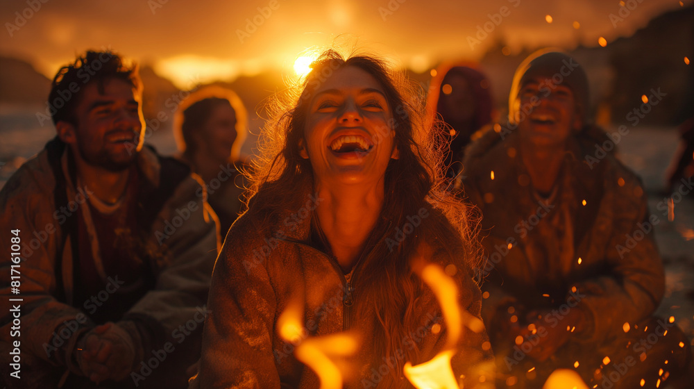 A dramatic photograph capturing friends laughing together around a crackling campfire, their faces illuminated by the warm glow of flames as they share stories and roast marshmallo