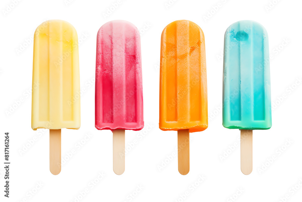 Four colorful popsicles on a white background. The popsicles are orange, yellow, pink, and blue. Four colorful popsicles on a white background. The popsicles are orange, yellow, pink, and blue.