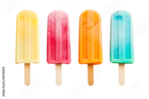 Four colorful popsicles on a white background. The popsicles are orange, yellow, pink, and blue.