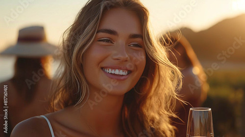 A visually elaborate image showcasing friends laughing together on a vineyard tour, their glasses raised in a toast to friendship and good times, as they savor the flavors of fine