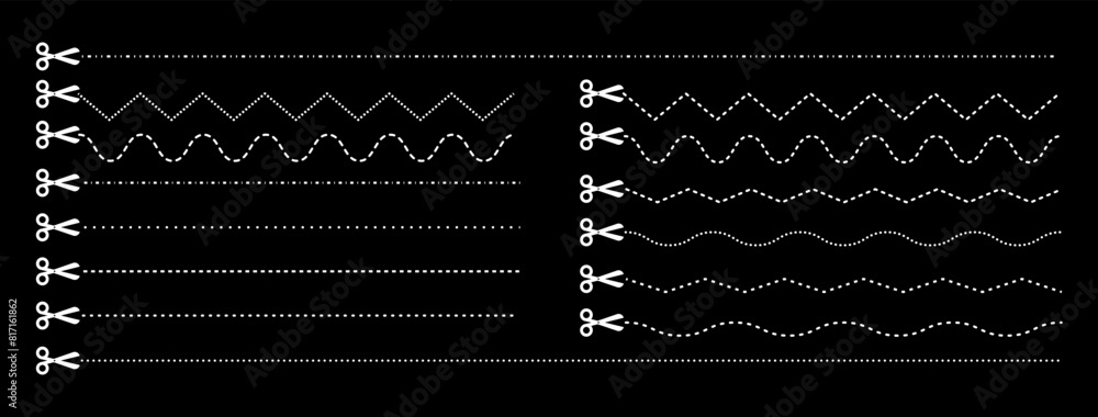 Set of scissors with cut lines. Vector collection of horizontal dashed strokes and scissors cutting the paper by the different lines. White paper cut icons on black background Set of scissors with cut lines. Vector collection of horizontal dashed strokes and scissors cutting the paper by the different lines. White paper cut icons on black background