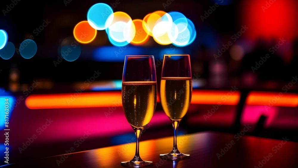 scenic view of champagne glasses on a counter in a bar, restaurant