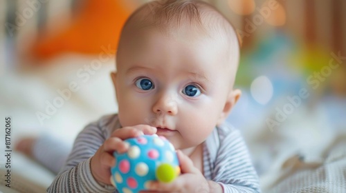 Adorable baby clutching a toy