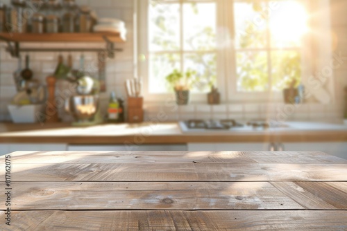 beautiful brown wood table top kitchen interior background and blurred defocused with daylight flare bokeh  product montage display - Generative Ai