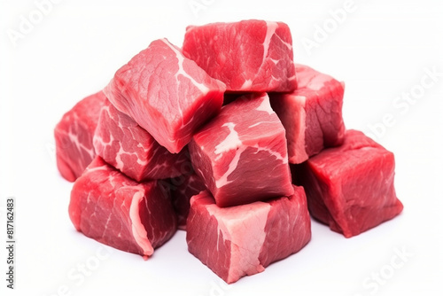 Fresh meat, meat cubes for frying isolated on white.