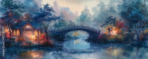 A picturesque watercolor painting of a bridge over a river at night
