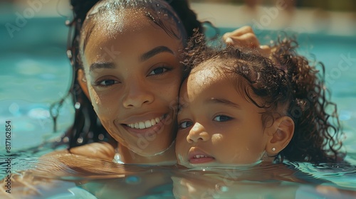Happy African American Mother and Daughter Enjoying Time Together in Sunlit Pool. Generative ai