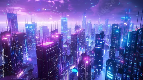 Hightech cityscape with flying cars and illuminated skyscrapers  futuristic buildings with holograms  SciFi  Blue and purple tones  3D rendering