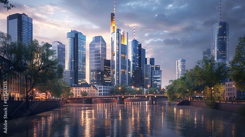 Iconic city skyline at dusk with a blend of classic architecture and ...