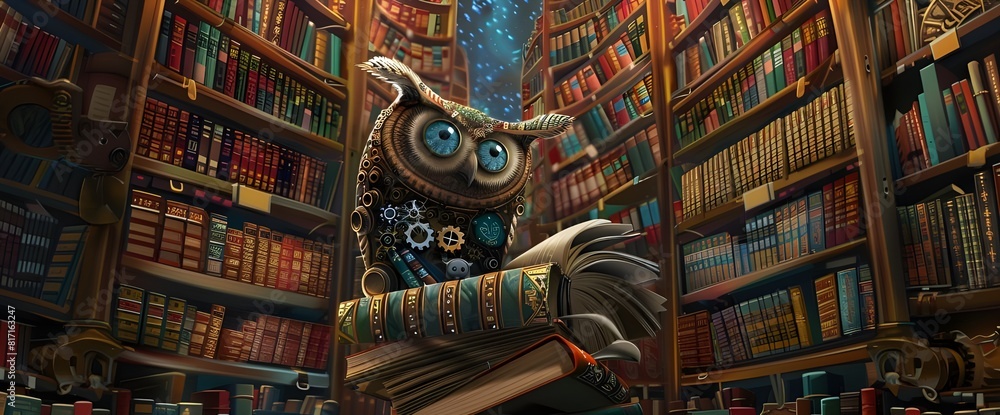 A large library filled with towering bookshelves. In the middle is an owl. perched on a pile of books Decorated with various colors. Fantasy search page. Generative AI. A large library filled with towering bookshelves. In the middle is an owl. perched on a pile of books Decorated with various colors. Fantasy search page. Generative AI.