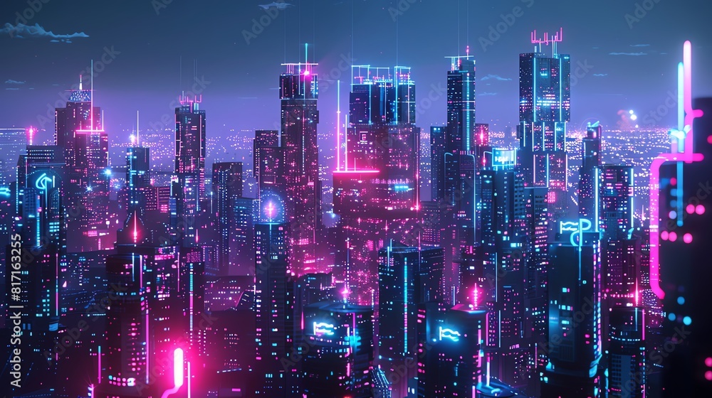Fototapeta premium Hightech urban landscape, illuminated with holographic structures, AI elements, Futuristic, Glowing neon, 3D rendering