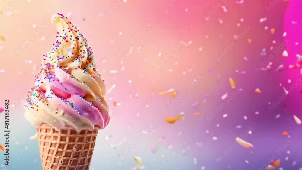 A swirl of multicolored soft serve ice cream topped with sprinkles, set before a whimsical pink and blue background. A swirl of multicolored soft serve ice cream topped with sprinkles, set before a whimsical pink and blue background.