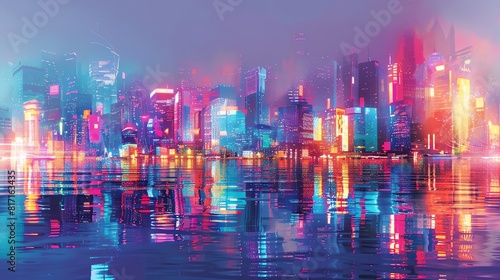 Modern city skyline with interactive holograms and reflections on a serene waterfront Futuristic  digital painting  neon tones