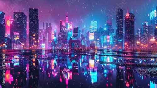Neonlit city skyline reflecting off wet streets  Cyberpunk  Neon colors  Digital painting  Futuristic urban environment