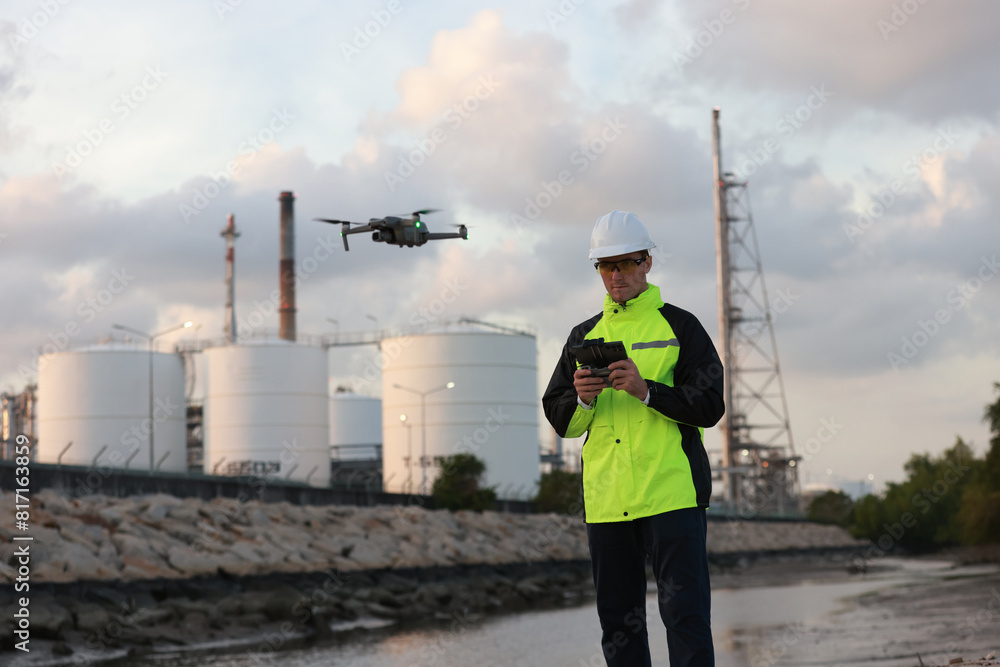 custom made wallpaper toronto digitalSenior energy Engineer piloting drone at oil tank storage. video surveillance or industrial inspection at the refinery.