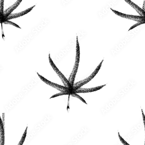 Seamless pattern of sprayed cannabis leaf with overspray in black over white. Vector illustration