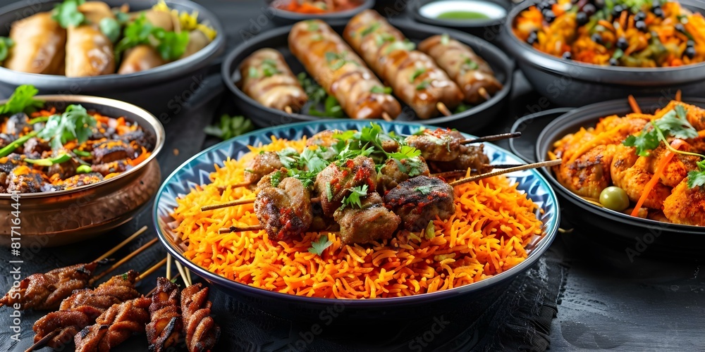 Eid feast with a variety of dishes including biryani kebabs and sweets. Concept Eid Celebration, Biryani, Kebabs, Sweets, Festive Atmosphere