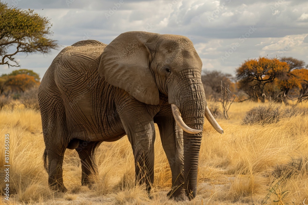 Fototapeta premium A large elephant standing in a field of tall grass