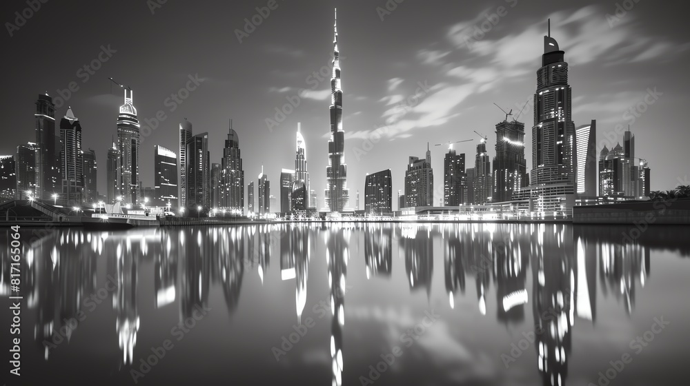 Fototapeta premium Skyline with iconic landmarks lit up at night, reflections on a still river, Classic, Monochrome, Photography