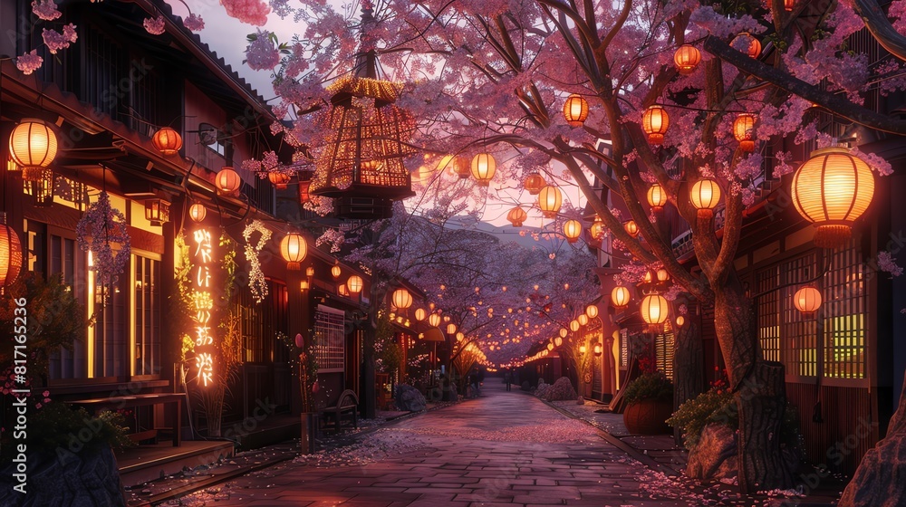 Spring evening in a quaint town with cherry blossoms lit by lanterns, Romantic, Pink and white hues, Watercolor Spring evening in a quaint town with cherry blossoms lit by lanterns, Romantic, Pink and white hues, Watercolor