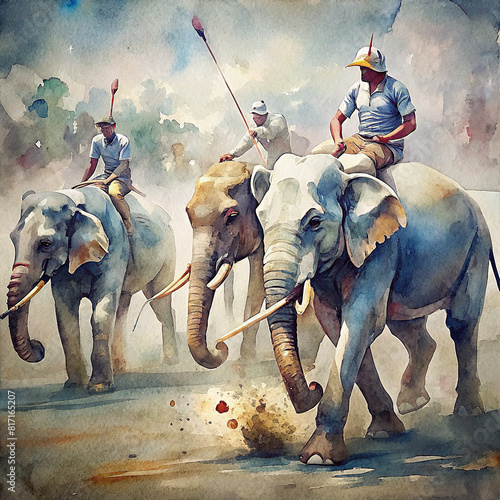 A detailed watercolor painting depicting a dramatic moment during an elephant polo match  highlighting the players  determination and the elephants  powerful presence on the field