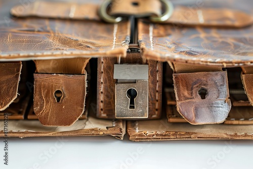 A brown leather briefcase secured with a lock and keys photo