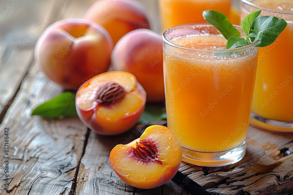 Two glasses of orange juice and a peach on a table Two glasses of orange juice and a peach on a table