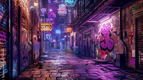 Urban alleyway at night with colorful graffiti  neon signs  and a gritty yet vibrant atmosphere  Steampunk  Detailed Illustration