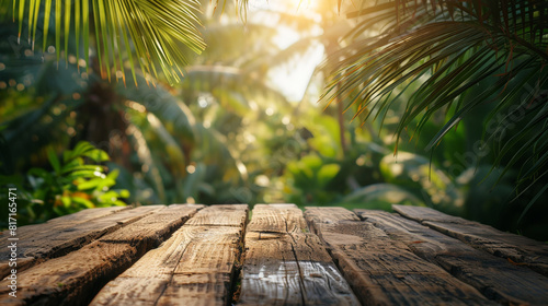Empty rustic wooden table with lush tropical jungle in the background, sunlight filtering through leaves. photo
