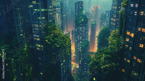 Urban jungle with skyscrapers wrapped in greenery and soft lights  Night  Ecofriendly  Cool tones  Digital painting  Sustainable city