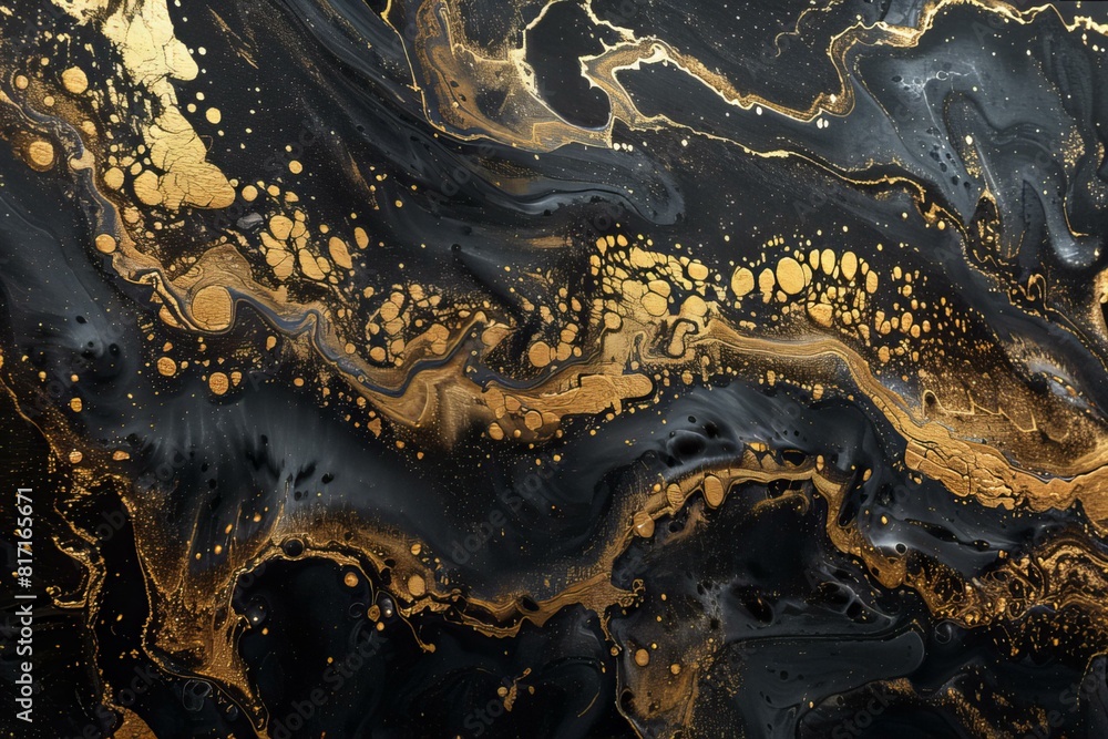 Close up of black and gold marble with golden paint Close up of black and gold marble with golden paint
